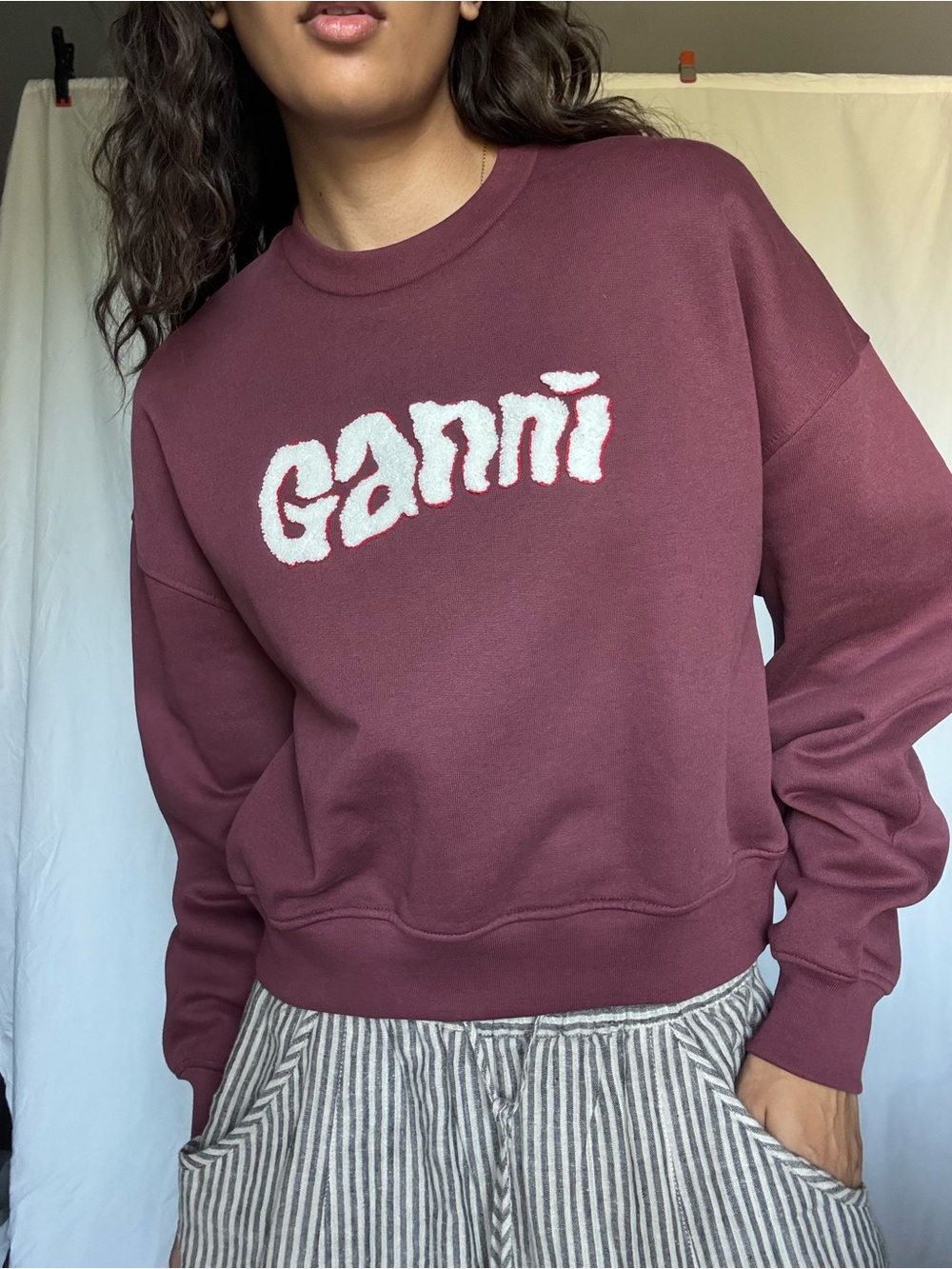 Ganni Maroon Crewneck Sweatshirt with White Logo